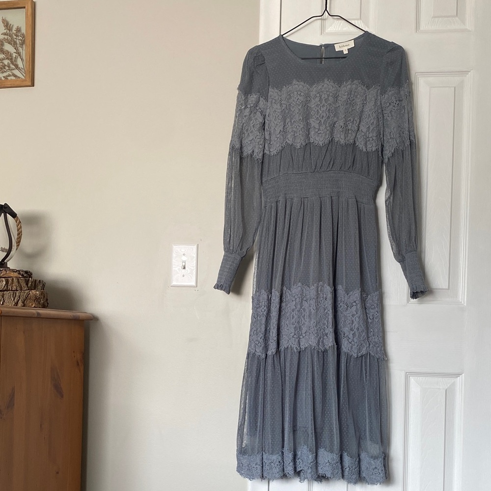bohme Long Sleeve Midi Dress in Slate Gray with Lace Panels